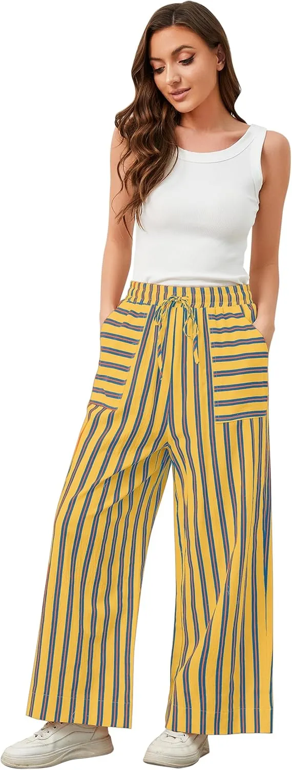 Womens Wide Leg Striped Pants Loose Fit Drawstring Comfy High Waist Striped Lounge Pants with Pockets