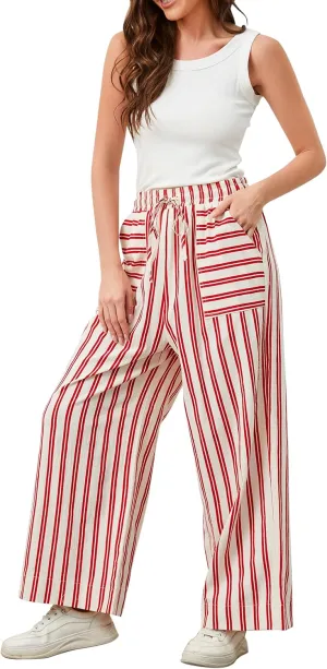 Womens Wide Leg Striped Pants Loose Fit Drawstring Comfy High Waist Striped Lounge Pants with Pockets
