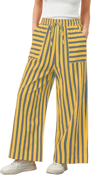 Womens Wide Leg Striped Pants Loose Fit Drawstring Comfy High Waist Striped Lounge Pants with Pockets