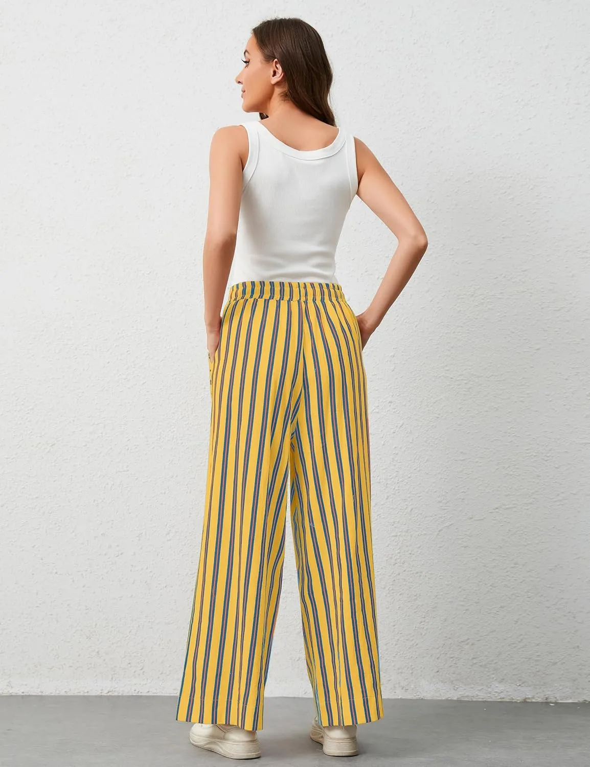 Womens Wide Leg Striped Pants Loose Fit Drawstring Comfy High Waist Striped Lounge Pants with Pockets