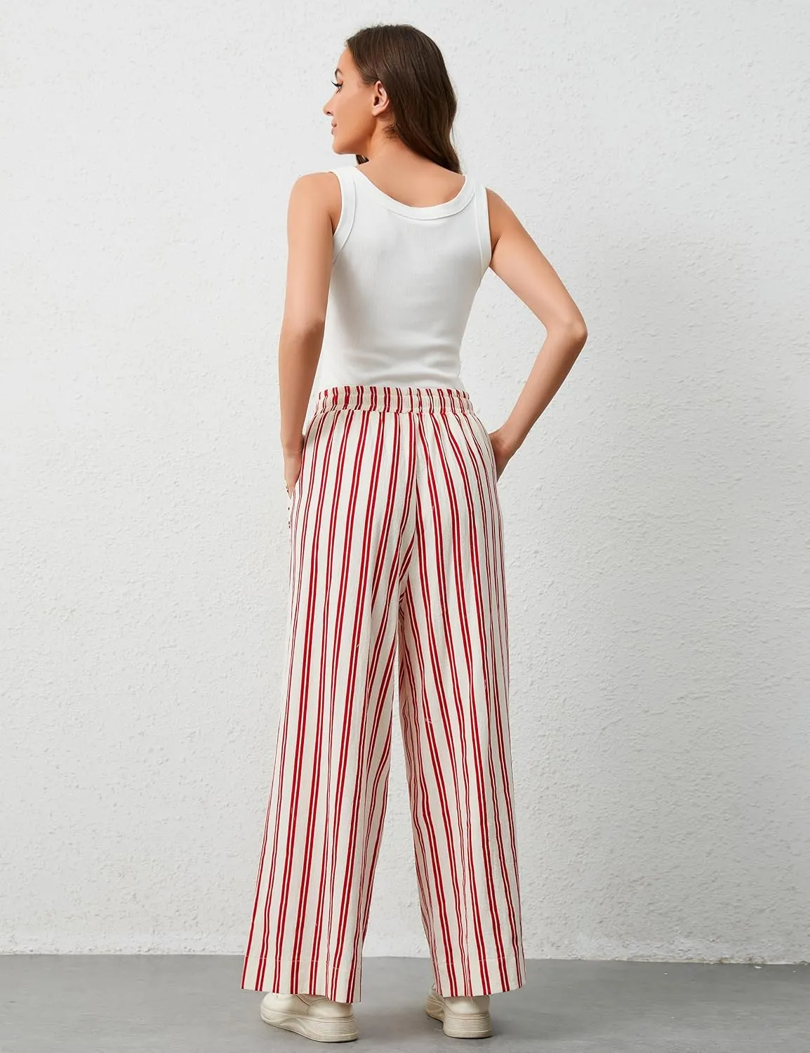 Womens Wide Leg Striped Pants Loose Fit Drawstring Comfy High Waist Striped Lounge Pants with Pockets