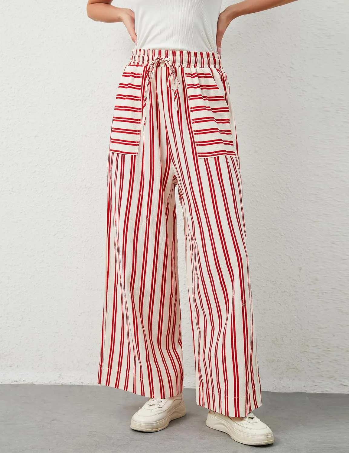 Womens Wide Leg Striped Pants Loose Fit Drawstring Comfy High Waist Striped Lounge Pants with Pockets