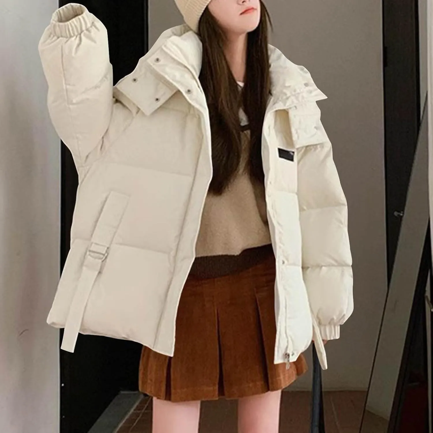 Womens Winter Hooded Puffer Jacket Casual Loose Warm Down Coats with Pocket Thickened Cute Warm Outerwear