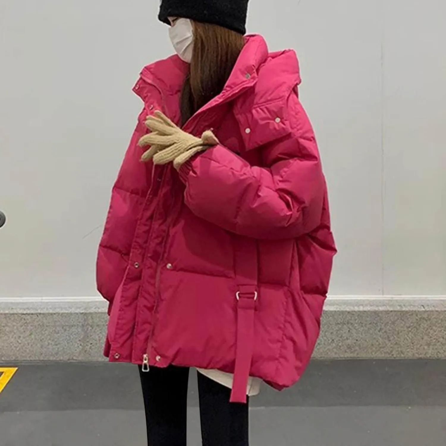 Womens Winter Hooded Puffer Jacket Casual Loose Warm Down Coats with Pocket Thickened Cute Warm Outerwear