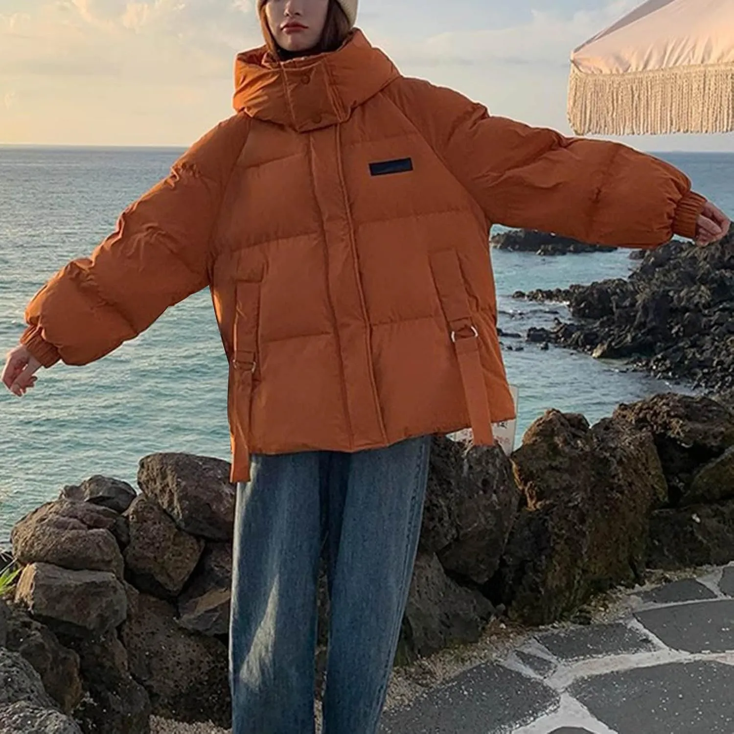 Womens Winter Hooded Puffer Jacket Casual Loose Warm Down Coats with Pocket Thickened Cute Warm Outerwear