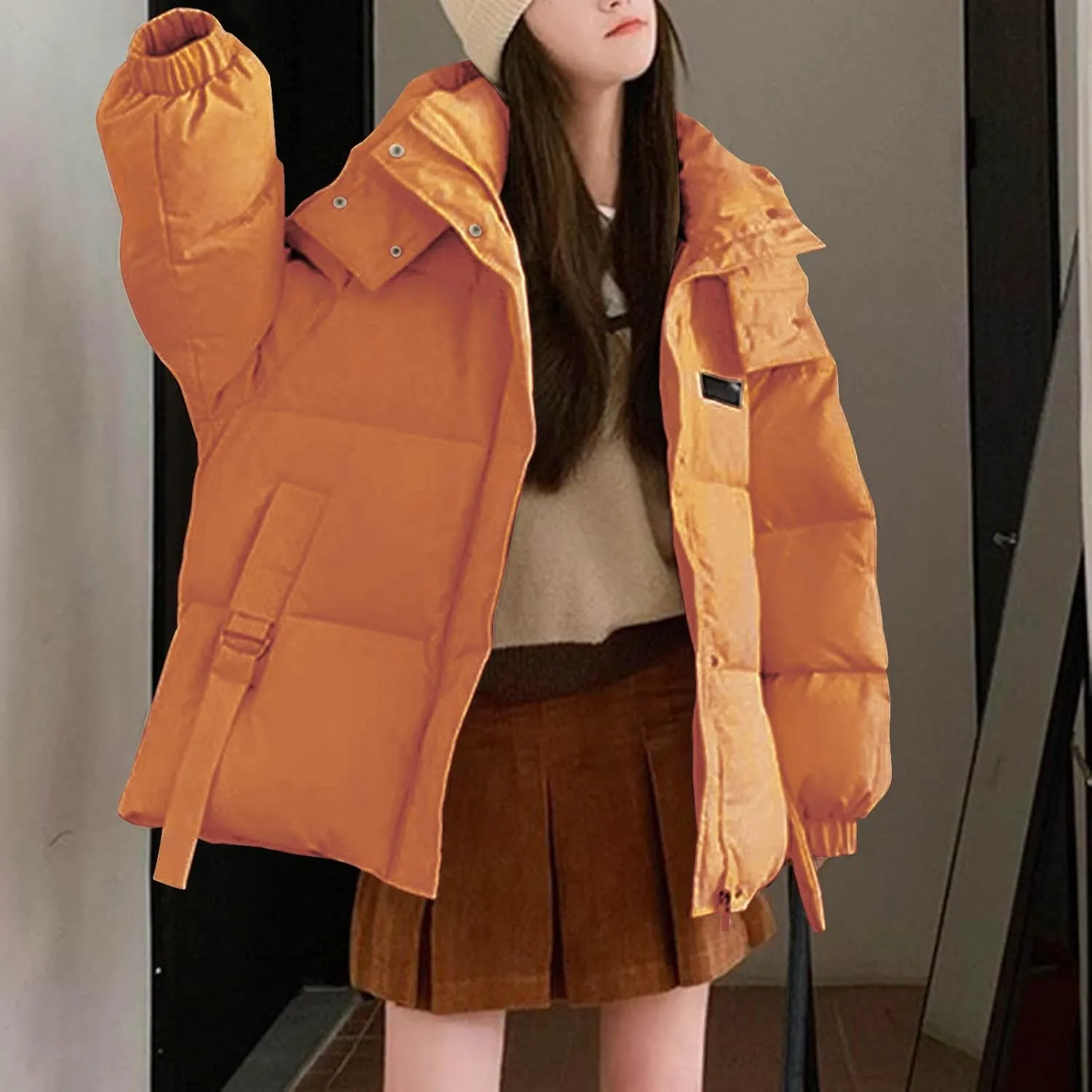 Womens Winter Hooded Puffer Jacket Casual Loose Warm Down Coats with Pocket Thickened Cute Warm Outerwear