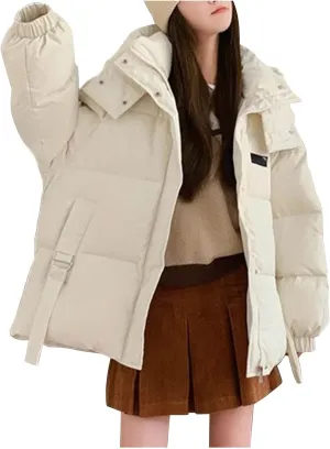 Womens Winter Hooded Puffer Jacket Casual Loose Warm Down Coats with Pocket Thickened Cute Warm Outerwear