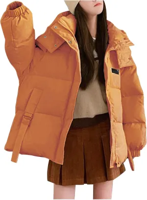 Womens Winter Hooded Puffer Jacket Casual Loose Warm Down Coats with Pocket Thickened Cute Warm Outerwear