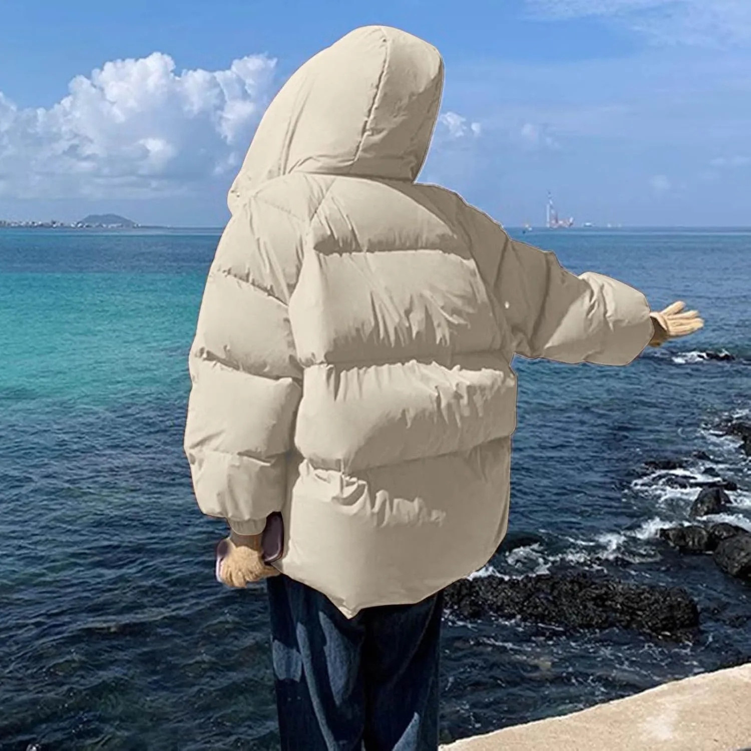 Womens Winter Hooded Puffer Jacket Casual Loose Warm Down Coats with Pocket Thickened Cute Warm Outerwear