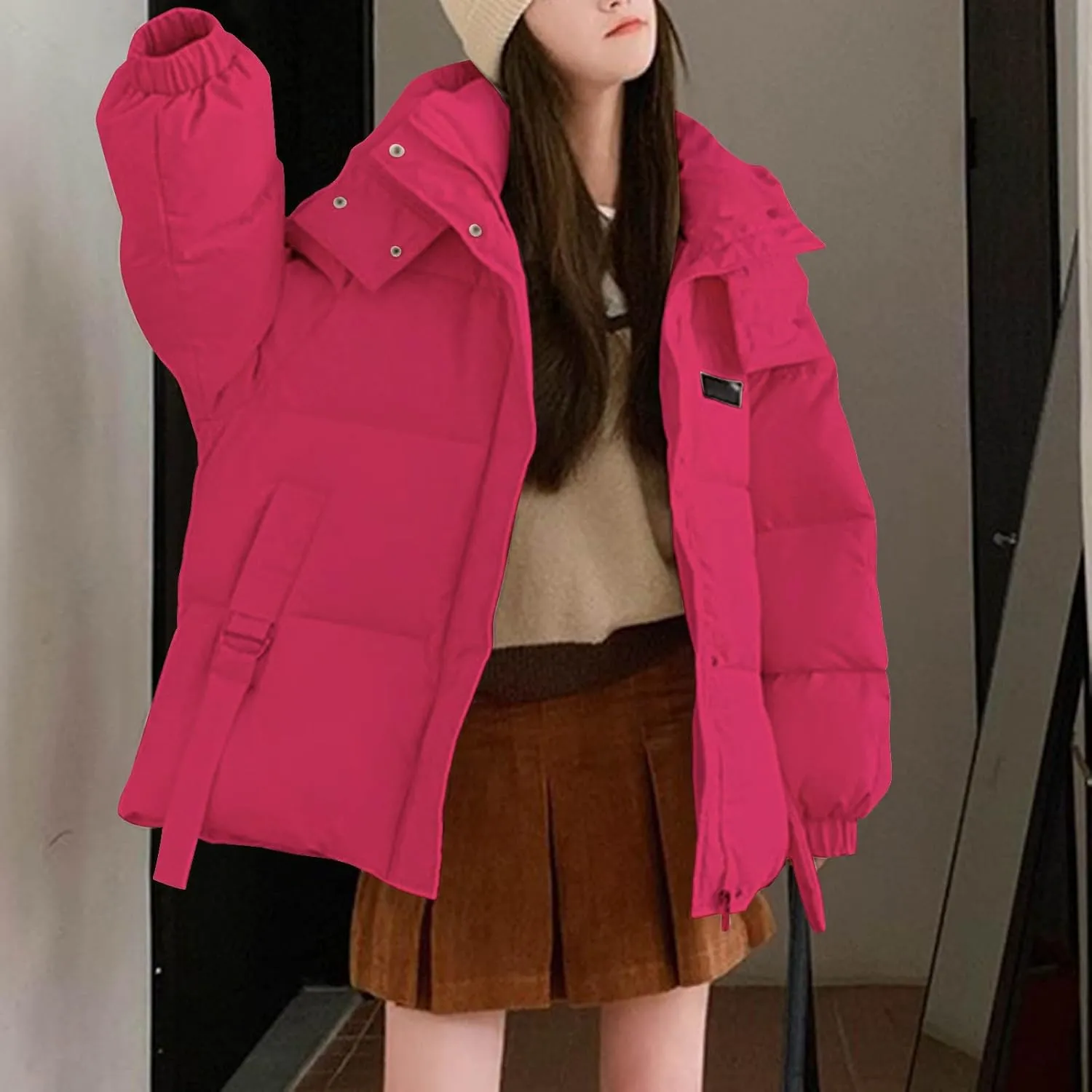 Womens Winter Hooded Puffer Jacket Casual Loose Warm Down Coats with Pocket Thickened Cute Warm Outerwear