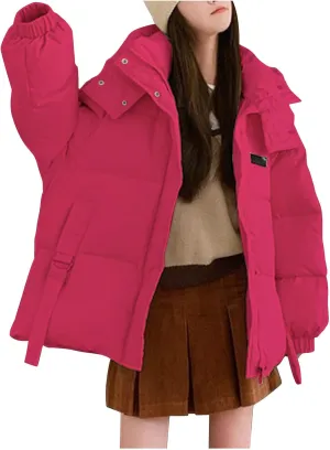 Womens Winter Hooded Puffer Jacket Casual Loose Warm Down Coats with Pocket Thickened Cute Warm Outerwear