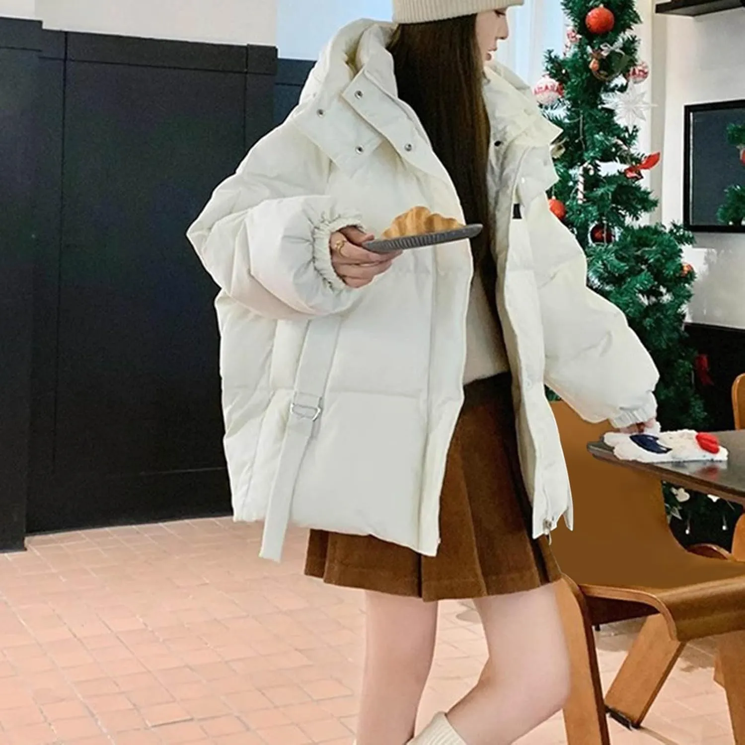 Womens Winter Hooded Puffer Jacket Casual Loose Warm Down Coats with Pocket Thickened Cute Warm Outerwear