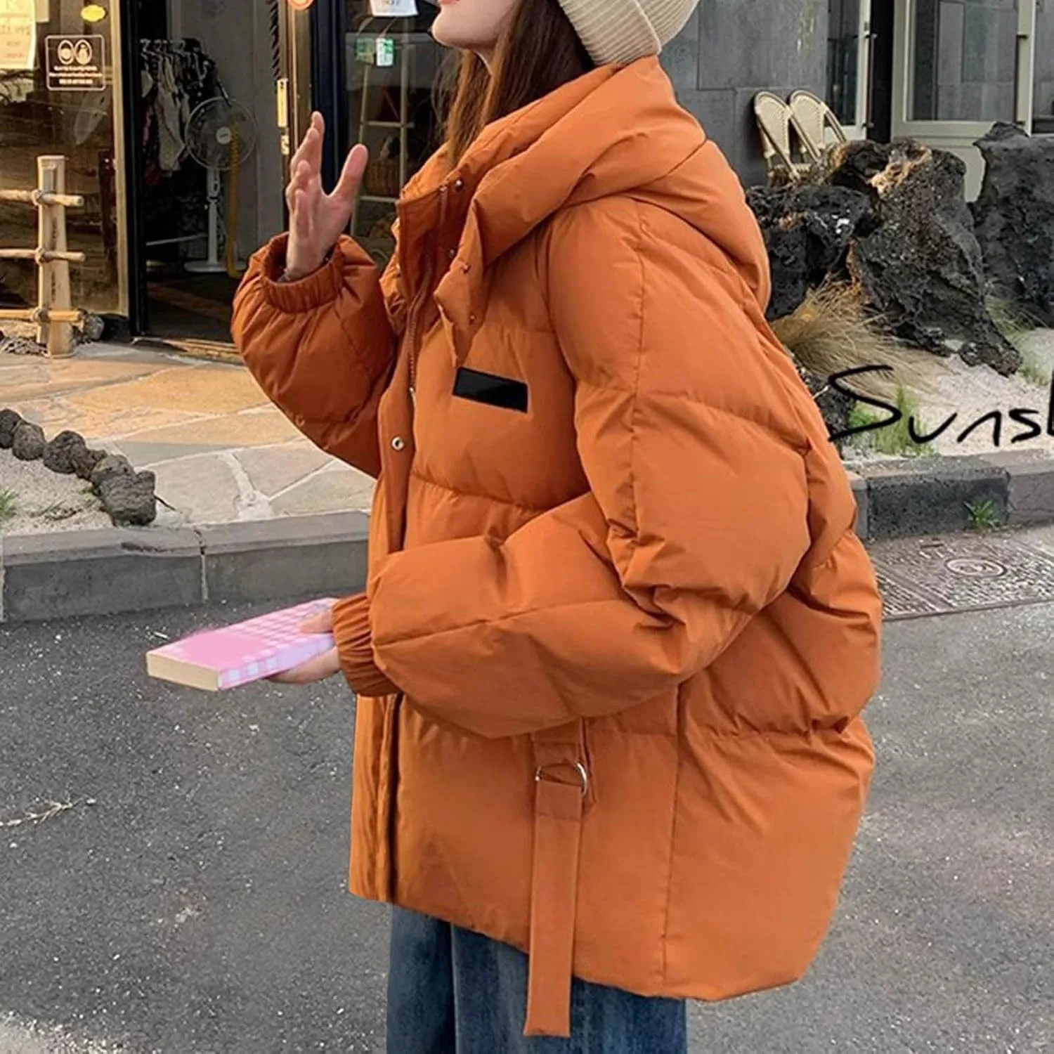 Womens Winter Hooded Puffer Jacket Casual Loose Warm Down Coats with Pocket Thickened Cute Warm Outerwear