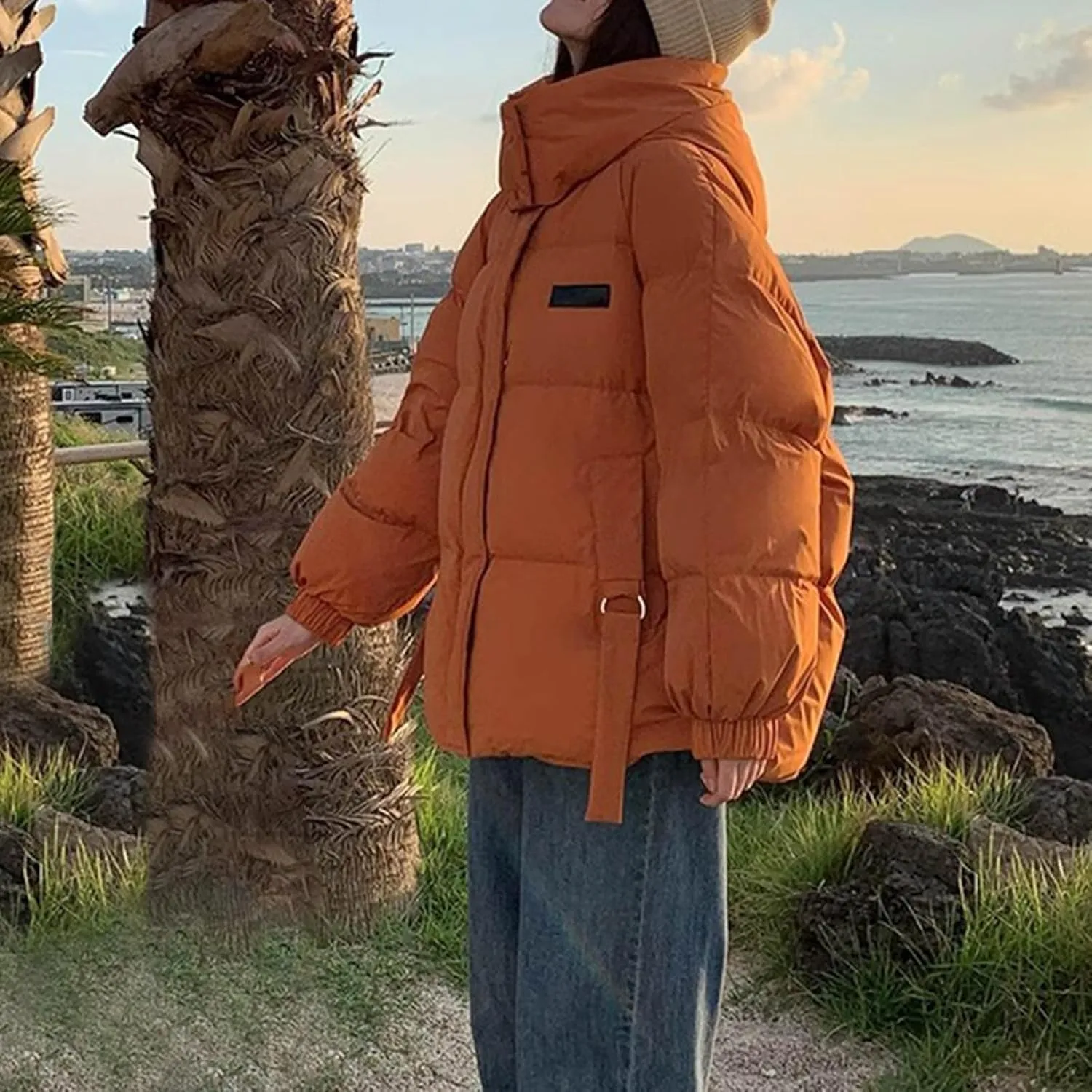 Womens Winter Hooded Puffer Jacket Casual Loose Warm Down Coats with Pocket Thickened Cute Warm Outerwear