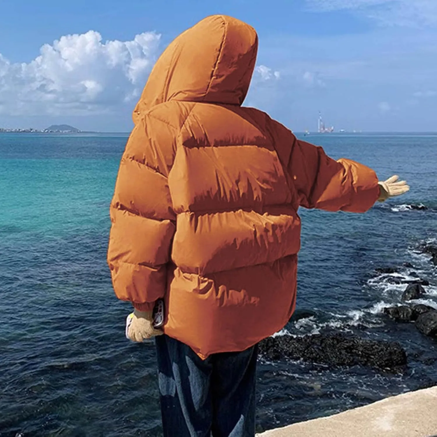 Womens Winter Hooded Puffer Jacket Casual Loose Warm Down Coats with Pocket Thickened Cute Warm Outerwear