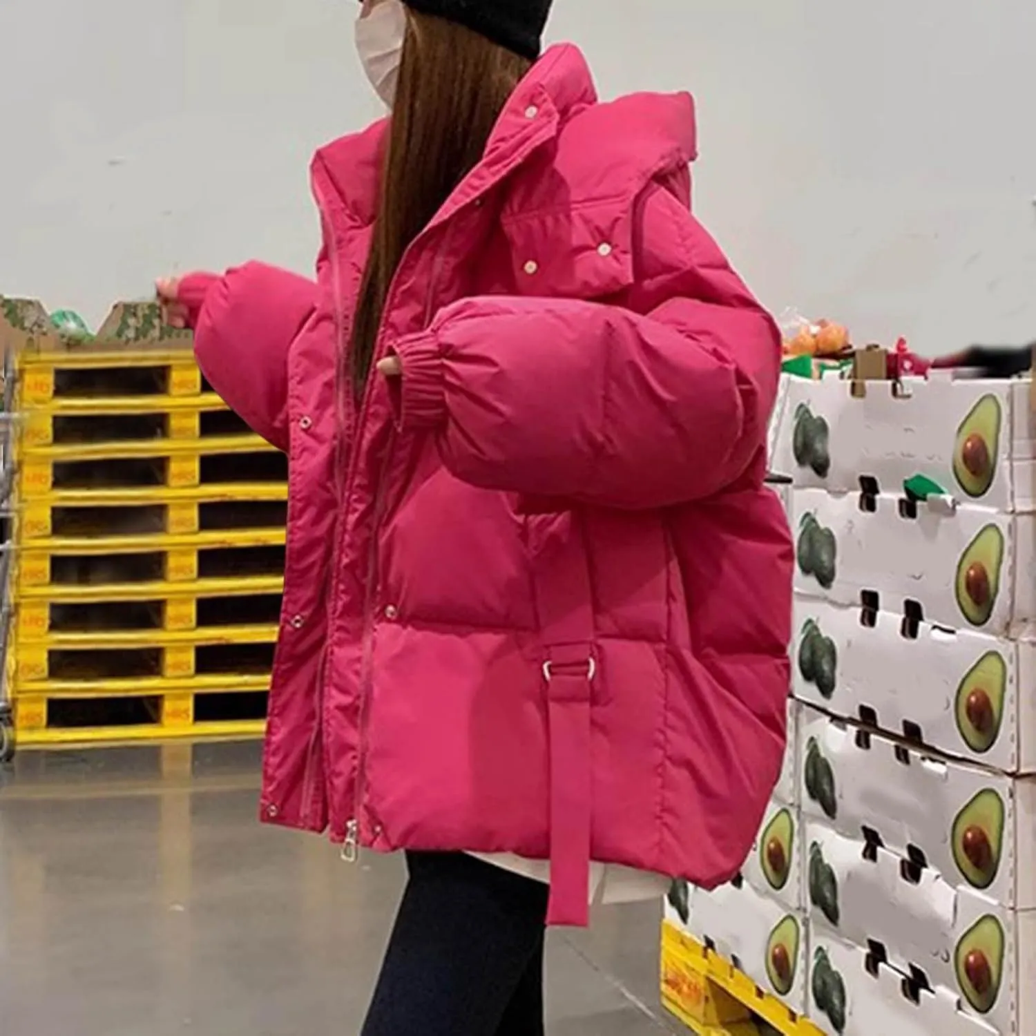 Womens Winter Hooded Puffer Jacket Casual Loose Warm Down Coats with Pocket Thickened Cute Warm Outerwear