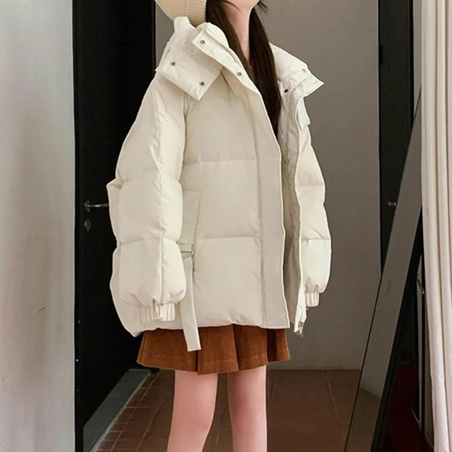 Womens Winter Hooded Puffer Jacket Casual Loose Warm Down Coats with Pocket Thickened Cute Warm Outerwear