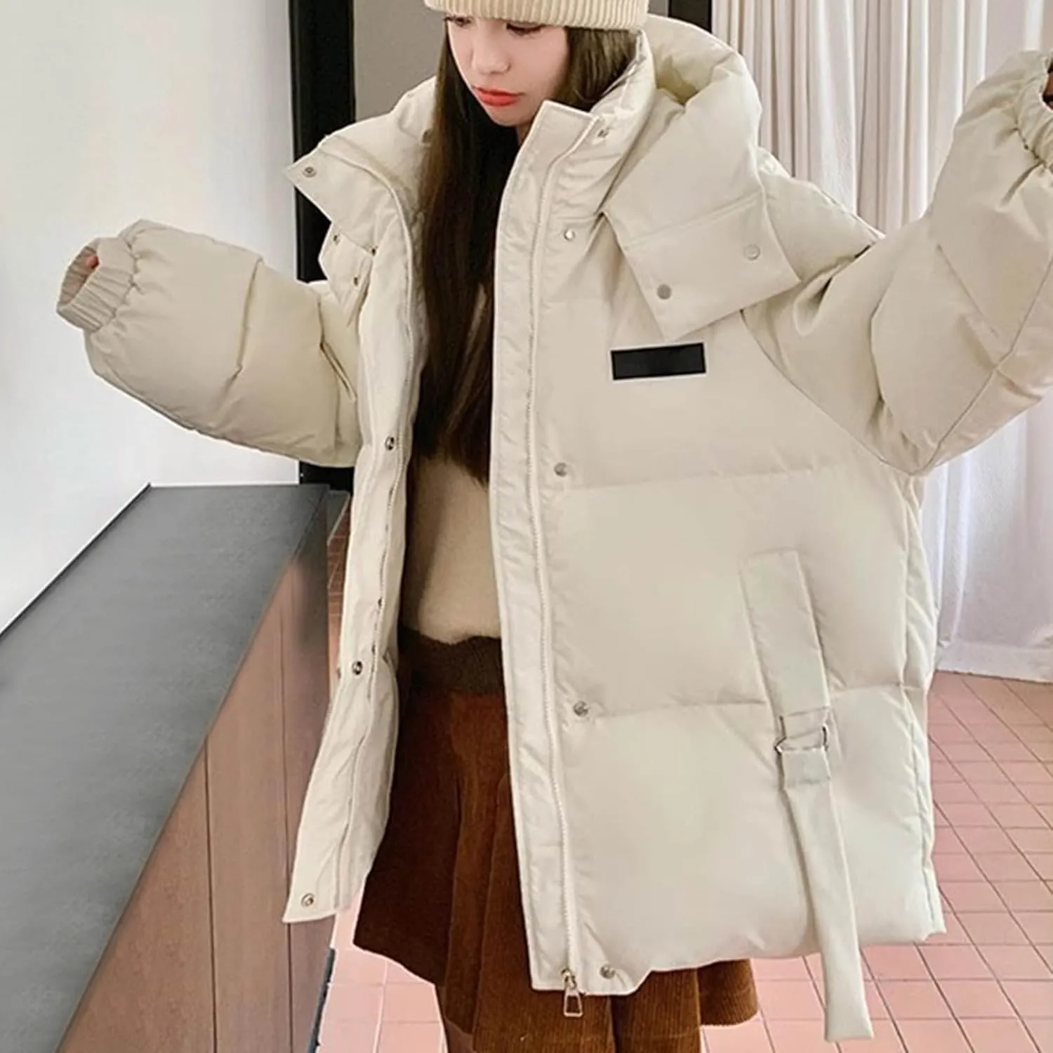 Womens Winter Hooded Puffer Jacket Casual Loose Warm Down Coats with Pocket Thickened Cute Warm Outerwear