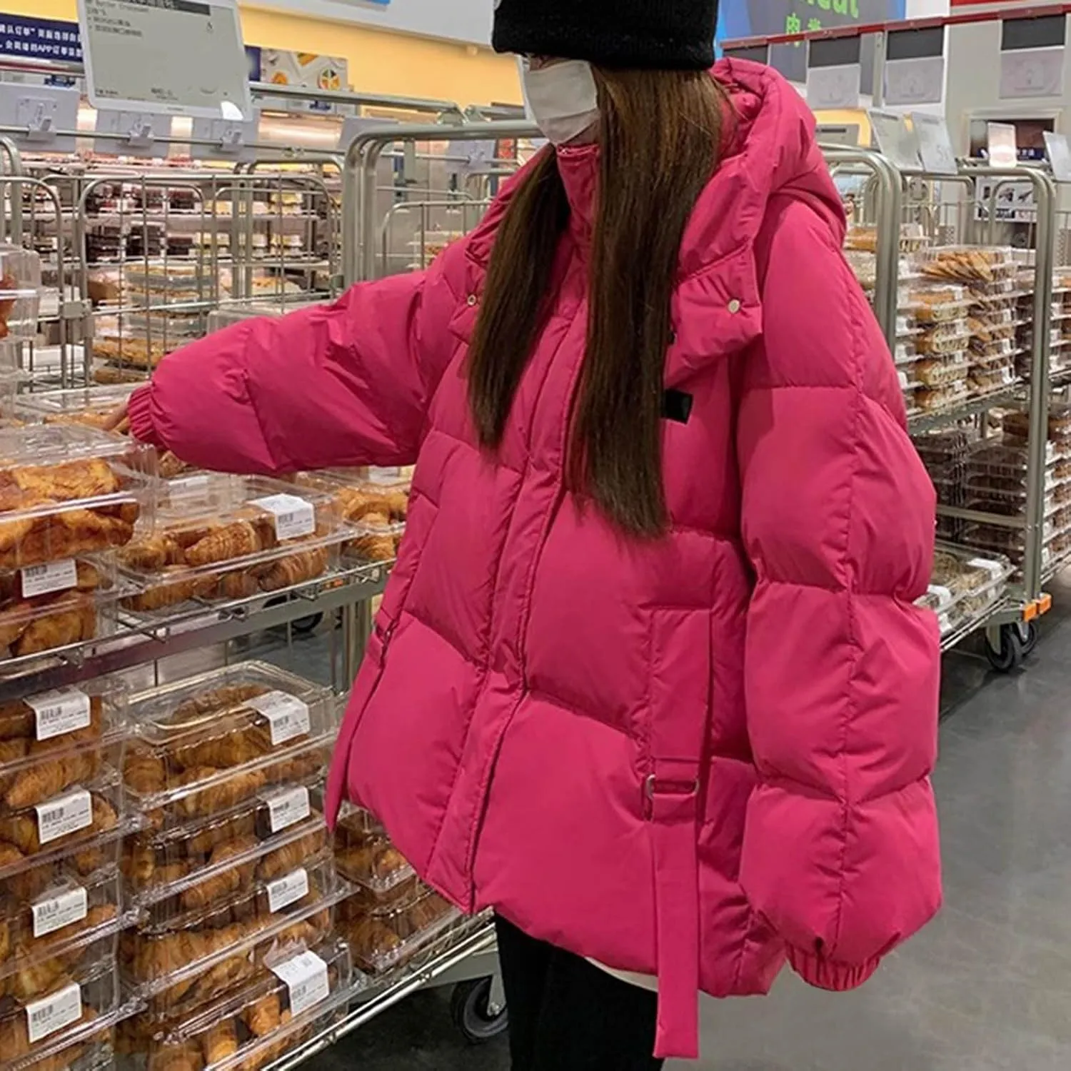 Womens Winter Hooded Puffer Jacket Casual Loose Warm Down Coats with Pocket Thickened Cute Warm Outerwear