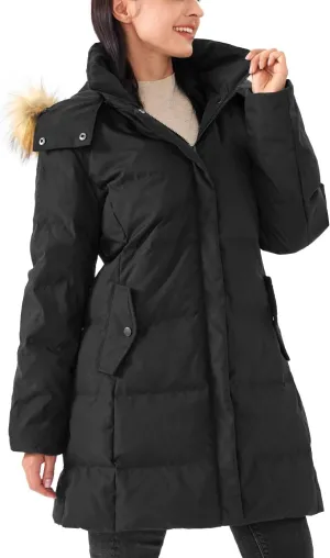 Women's Winter Long Warm Puffer Jacket Warm Down Coat with Faux Fur Removable Hood