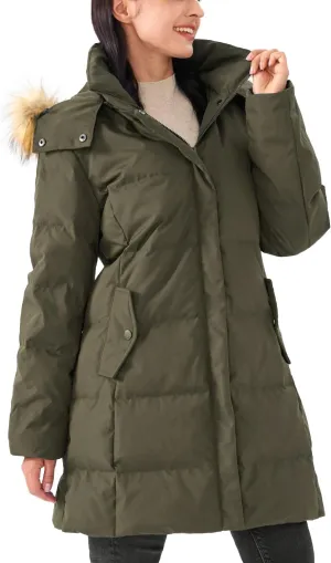 Women's Winter Long Warm Puffer Jacket Warm Down Coat with Faux Fur Removable Hood