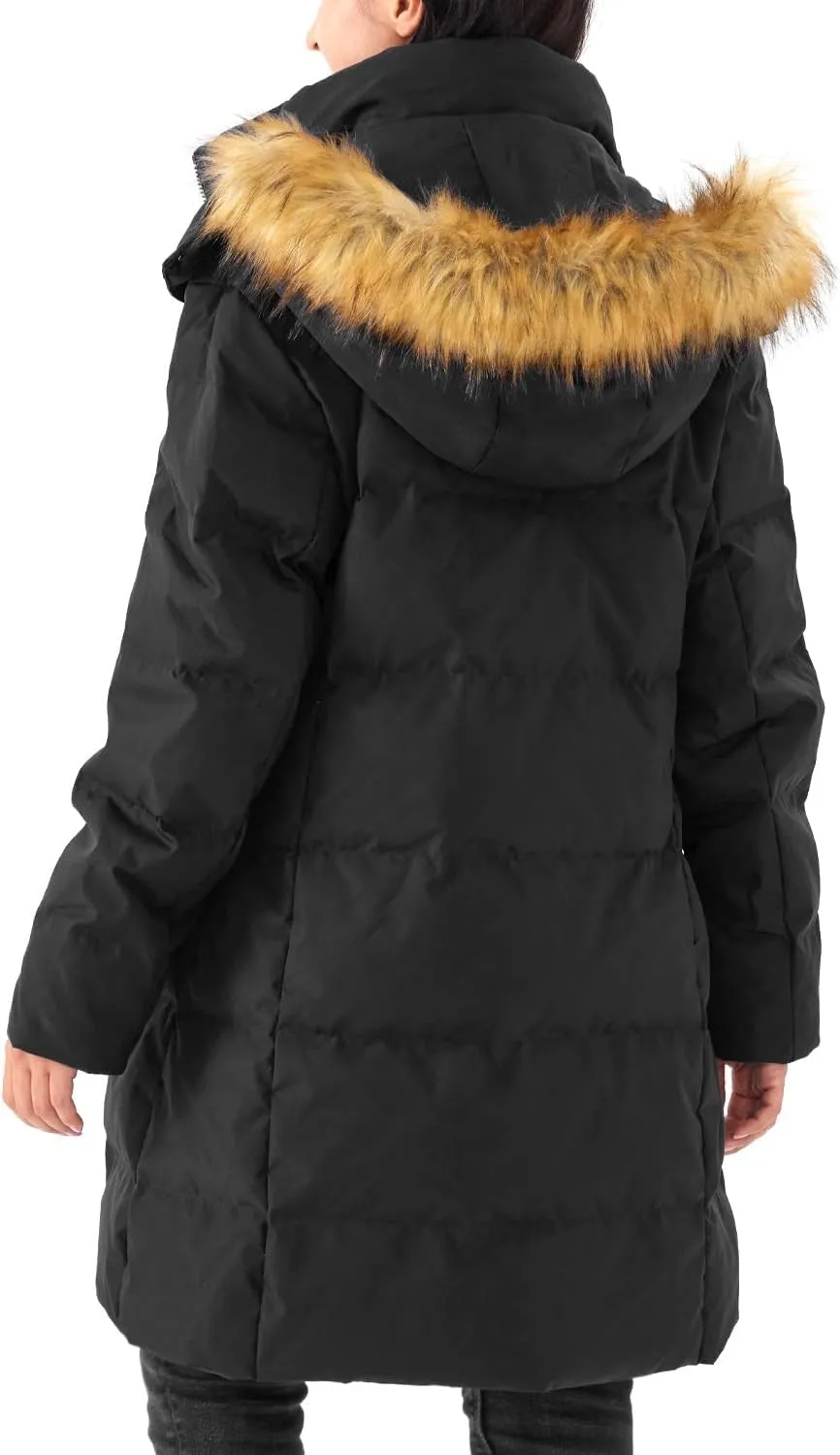 Women's Winter Long Warm Puffer Jacket Warm Down Coat with Faux Fur Removable Hood