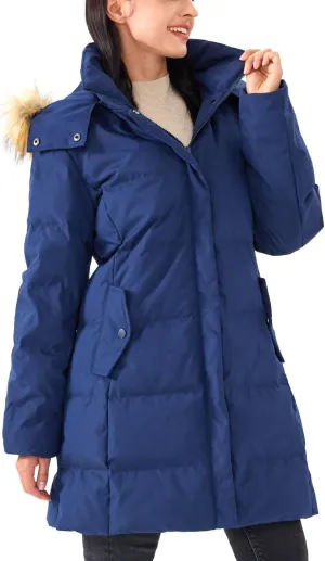 Women's Winter Long Warm Puffer Jacket Warm Down Coat with Faux Fur Removable Hood