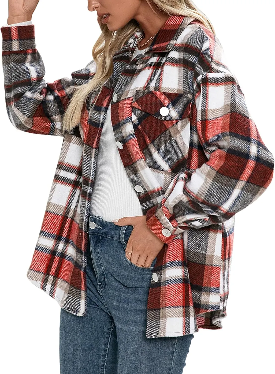 Women's Wool Blend Plaid Shirts Long Sleeve Lapel Button Up Shacket Shirt Tops with Pocketed Casual Jacket Coat