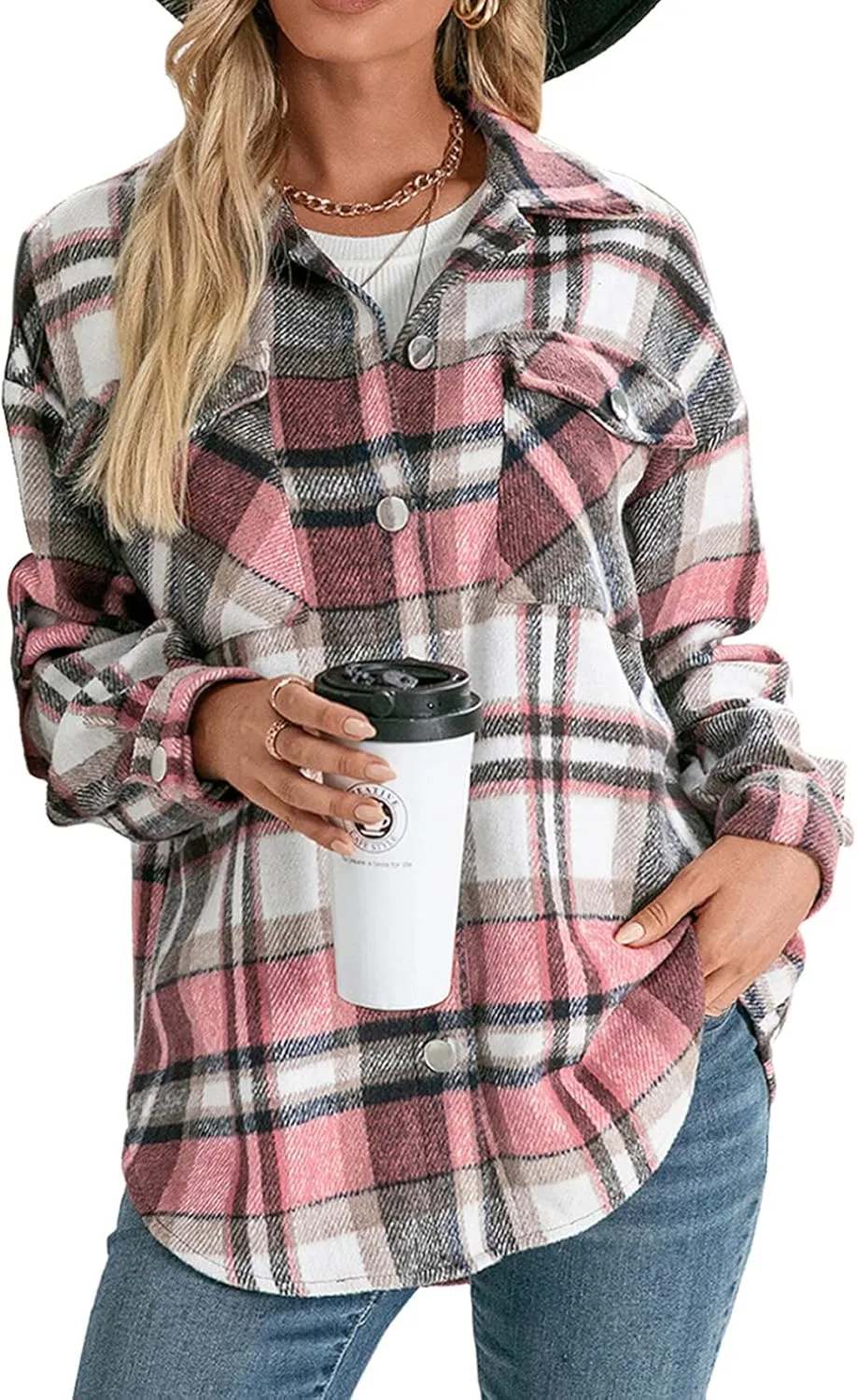 Women's Wool Blend Plaid Shirts Long Sleeve Lapel Button Up Shacket Shirt Tops with Pocketed Casual Jacket Coat