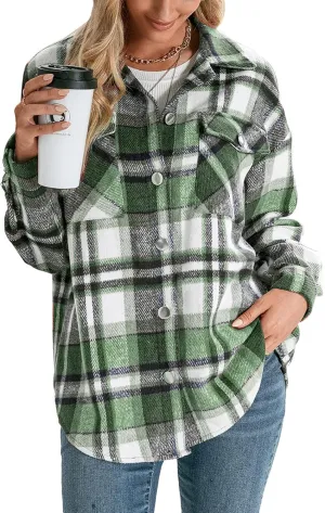 Women's Wool Blend Plaid Shirts Long Sleeve Lapel Button Up Shacket Shirt Tops with Pocketed Casual Jacket Coat