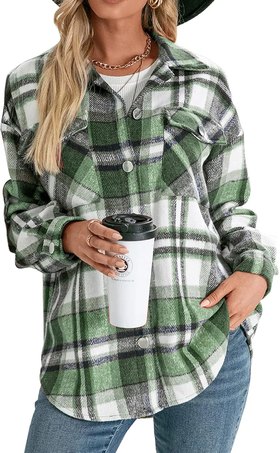 Women's Wool Blend Plaid Shirts Long Sleeve Lapel Button Up Shacket Shirt Tops with Pocketed Casual Jacket Coat