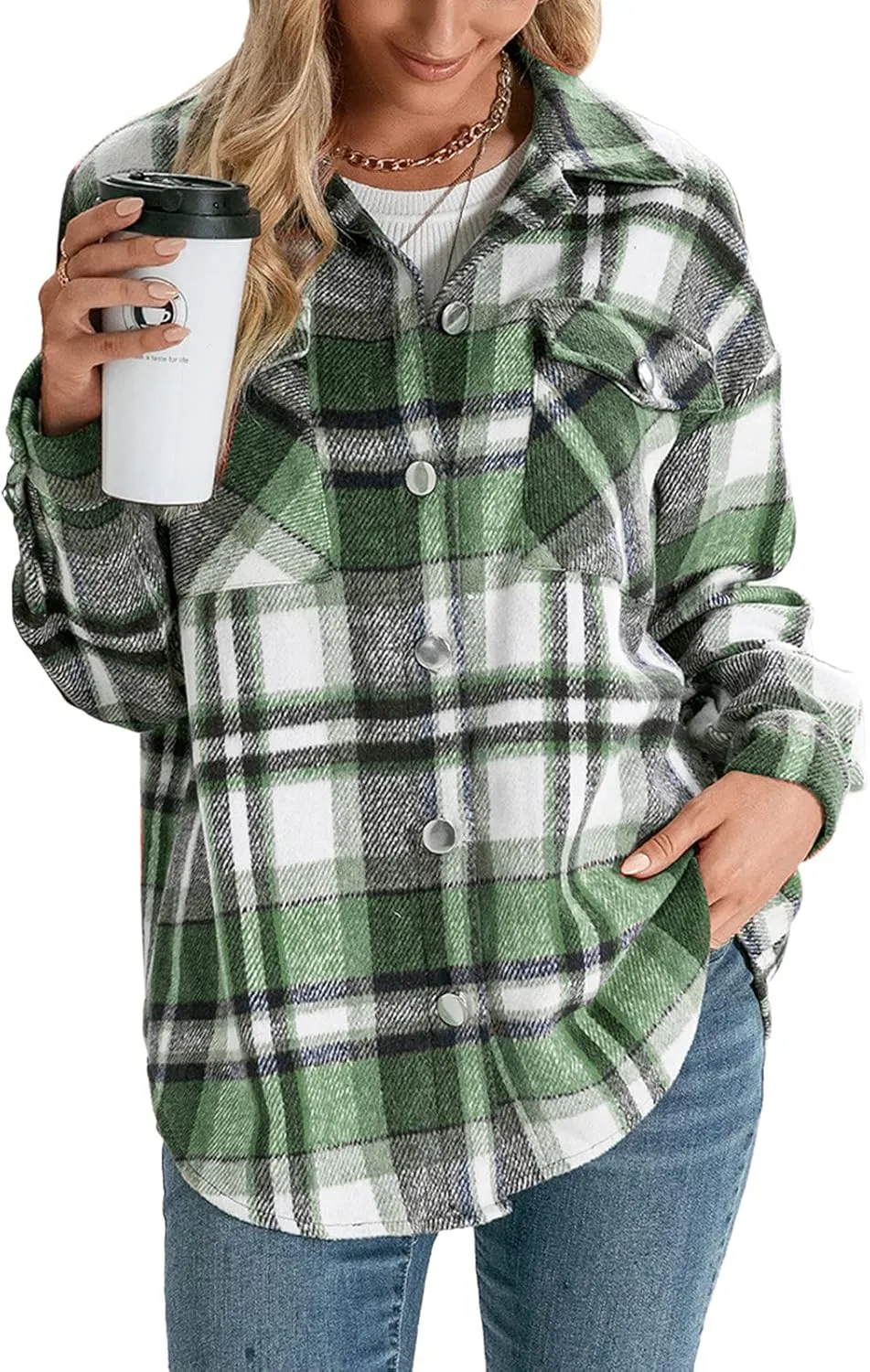 Women's Wool Blend Plaid Shirts Long Sleeve Lapel Button Up Shacket Shirt Tops with Pocketed Casual Jacket Coat