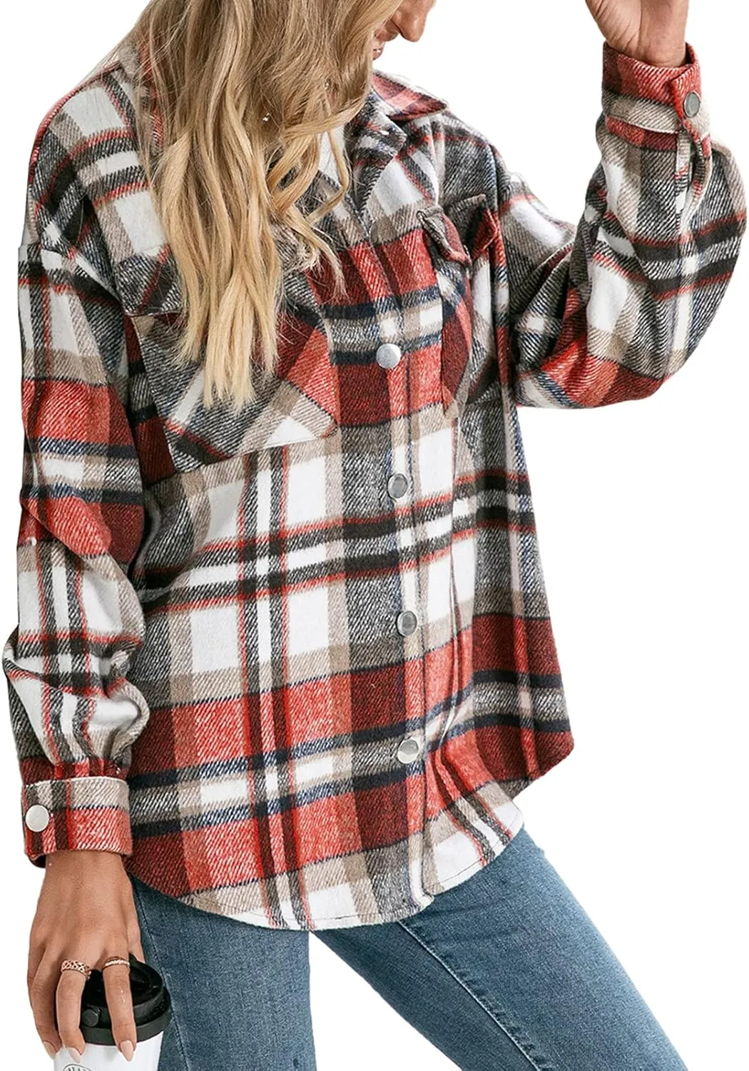 Women's Wool Blend Plaid Shirts Long Sleeve Lapel Button Up Shacket Shirt Tops with Pocketed Casual Jacket Coat