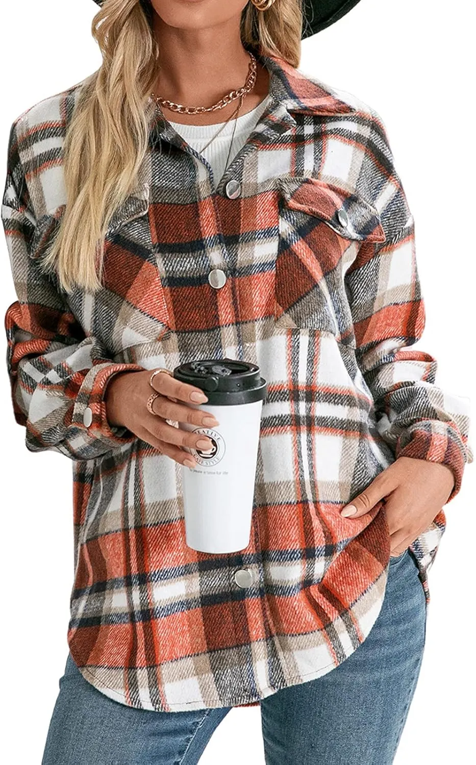 Women's Wool Blend Plaid Shirts Long Sleeve Lapel Button Up Shacket Shirt Tops with Pocketed Casual Jacket Coat