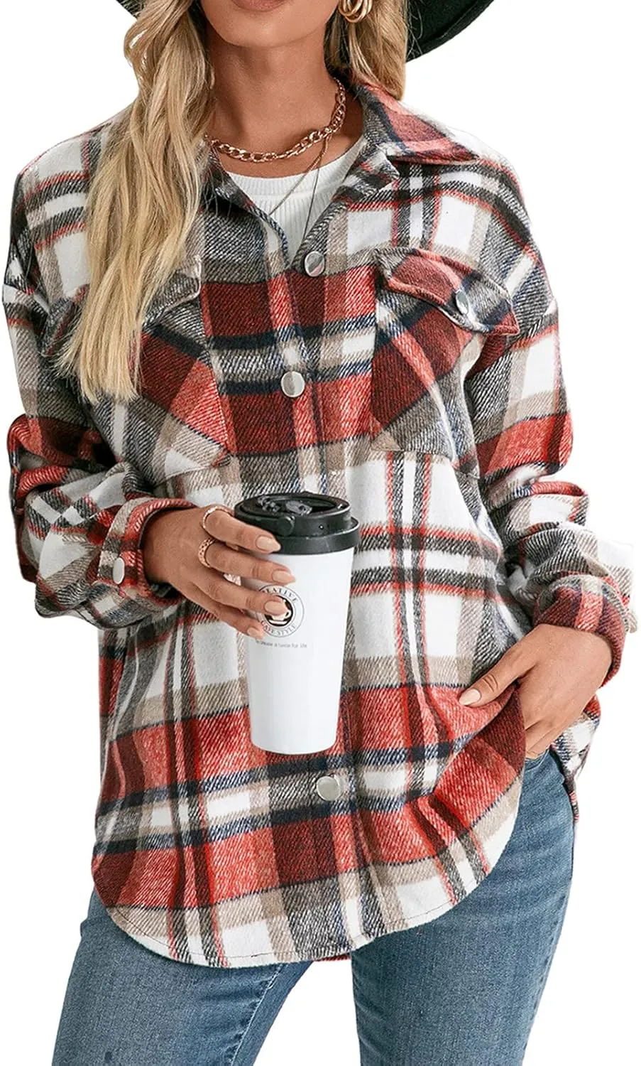 Women's Wool Blend Plaid Shirts Long Sleeve Lapel Button Up Shacket Shirt Tops with Pocketed Casual Jacket Coat