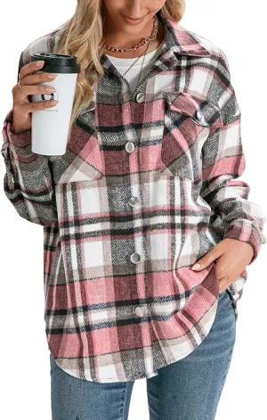 Women's Wool Blend Plaid Shirts Long Sleeve Lapel Button Up Shacket Shirt Tops with Pocketed Casual Jacket Coat