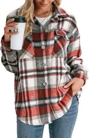 Women's Wool Blend Plaid Shirts Long Sleeve Lapel Button Up Shacket Shirt Tops with Pocketed Casual Jacket Coat