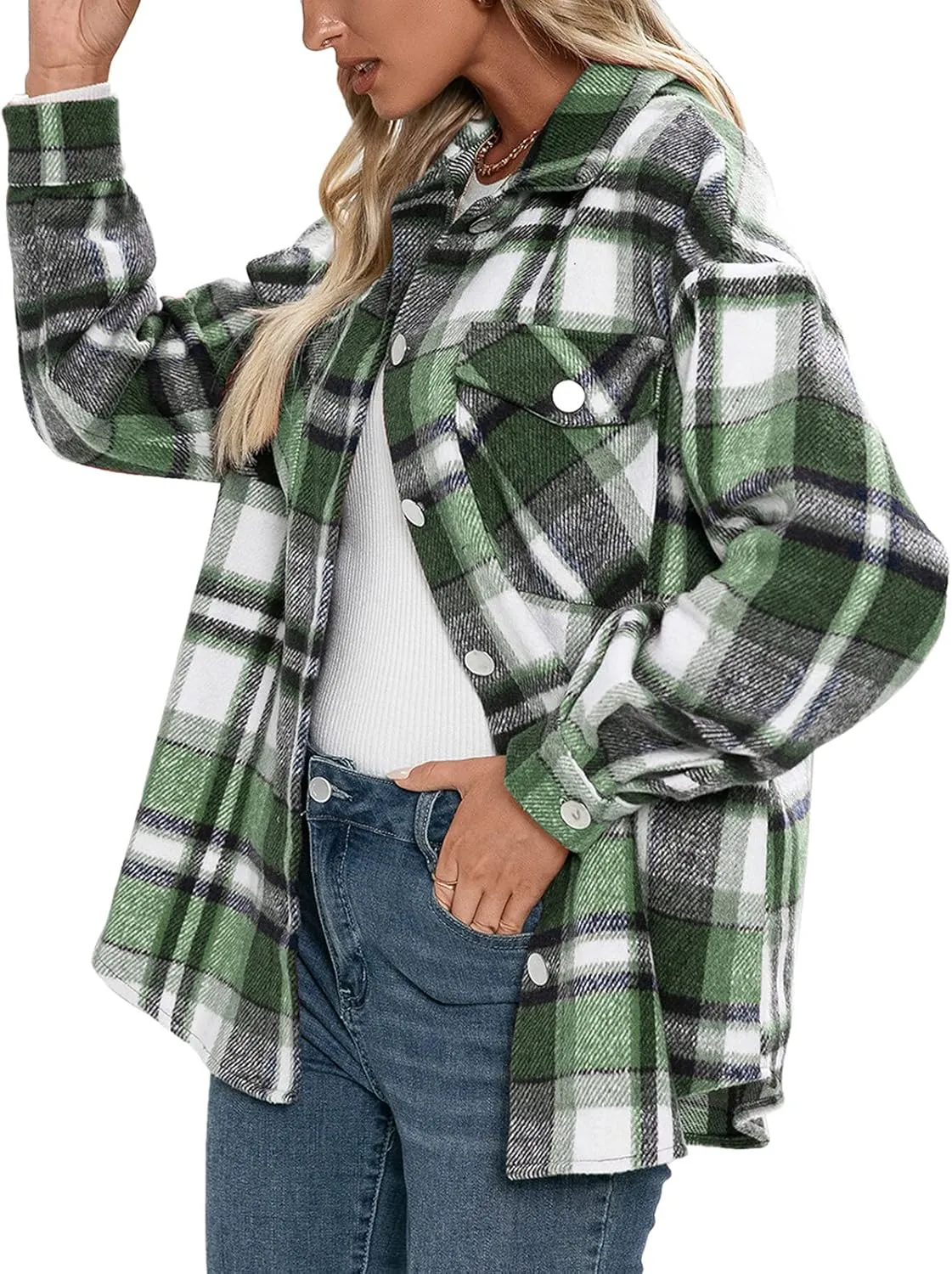 Women's Wool Blend Plaid Shirts Long Sleeve Lapel Button Up Shacket Shirt Tops with Pocketed Casual Jacket Coat