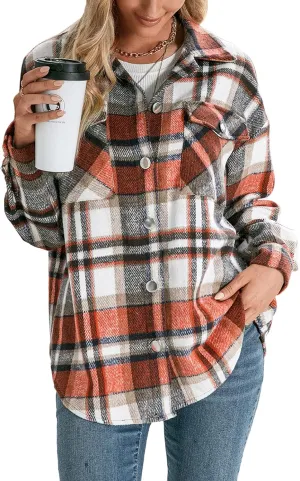 Women's Wool Blend Plaid Shirts Long Sleeve Lapel Button Up Shacket Shirt Tops with Pocketed Casual Jacket Coat