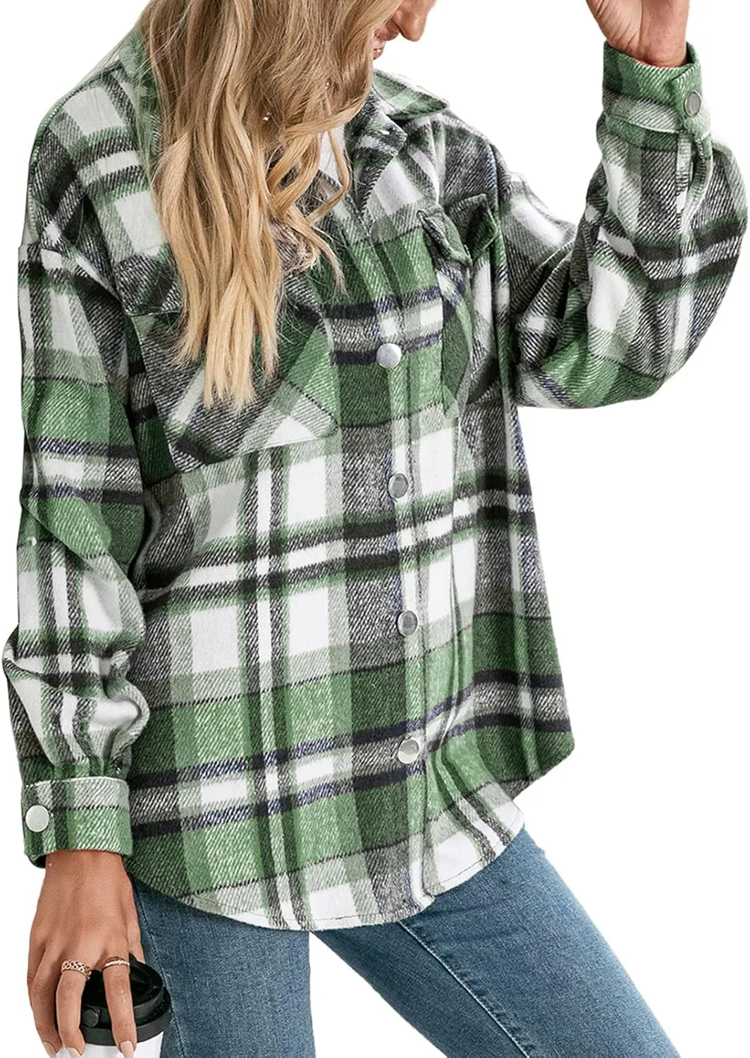 Women's Wool Blend Plaid Shirts Long Sleeve Lapel Button Up Shacket Shirt Tops with Pocketed Casual Jacket Coat