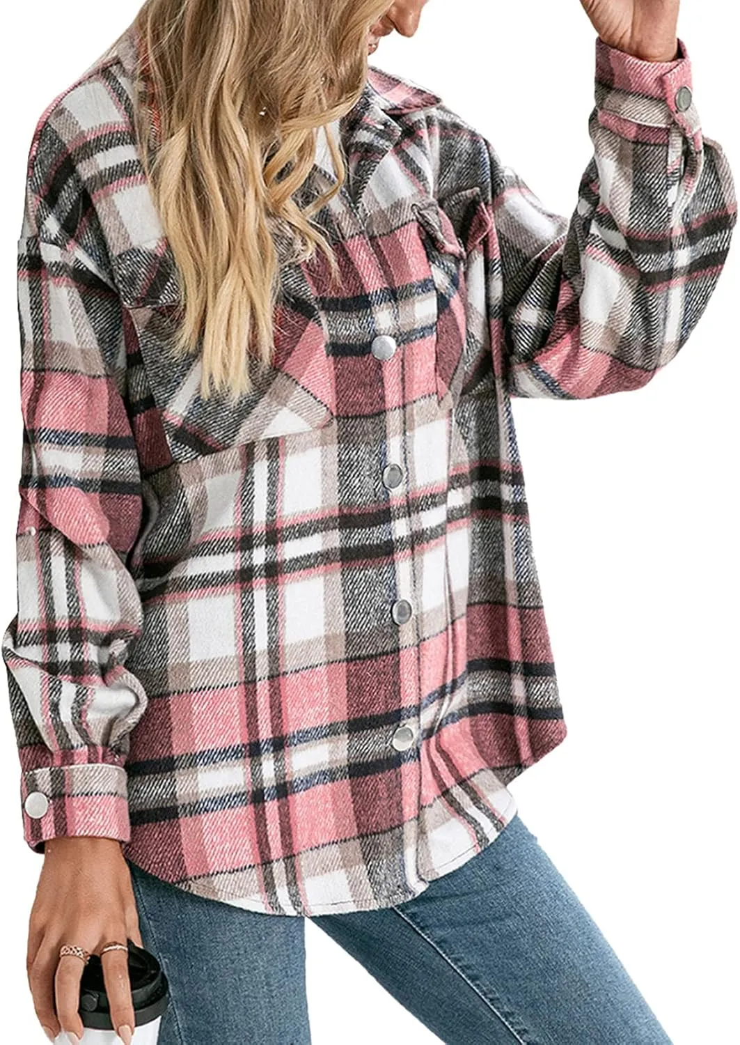 Women's Wool Blend Plaid Shirts Long Sleeve Lapel Button Up Shacket Shirt Tops with Pocketed Casual Jacket Coat