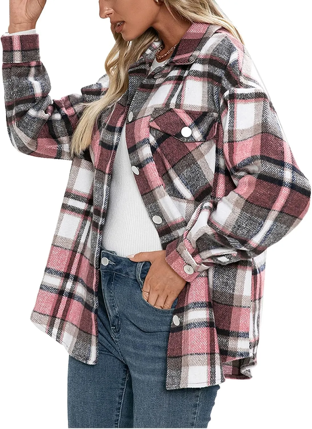 Women's Wool Blend Plaid Shirts Long Sleeve Lapel Button Up Shacket Shirt Tops with Pocketed Casual Jacket Coat