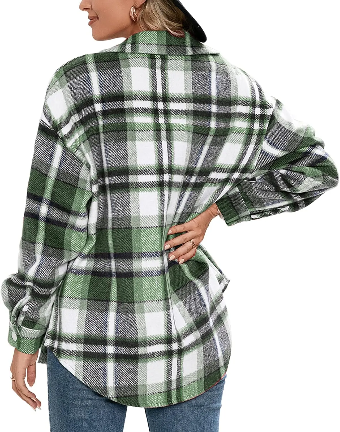 Women's Wool Blend Plaid Shirts Long Sleeve Lapel Button Up Shacket Shirt Tops with Pocketed Casual Jacket Coat
