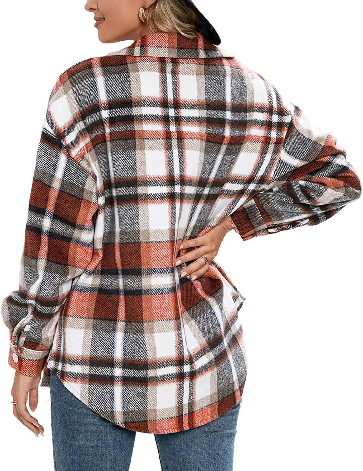 Women's Wool Blend Plaid Shirts Long Sleeve Lapel Button Up Shacket Shirt Tops with Pocketed Casual Jacket Coat