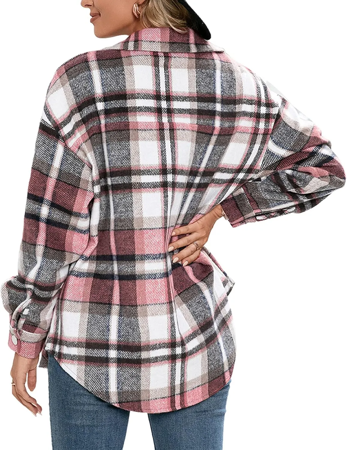 Women's Wool Blend Plaid Shirts Long Sleeve Lapel Button Up Shacket Shirt Tops with Pocketed Casual Jacket Coat