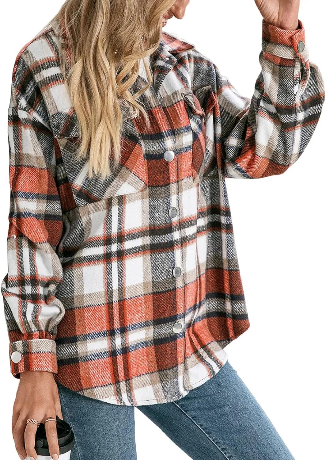 Women's Wool Blend Plaid Shirts Long Sleeve Lapel Button Up Shacket Shirt Tops with Pocketed Casual Jacket Coat