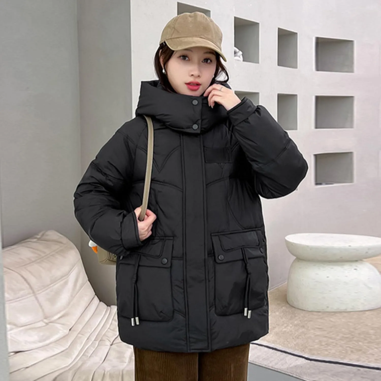 Womens Zipper Hooded Puffer Jacket Long Sleeve Winter Warm Down Coats Warm Clothes Outerwear with Pockets