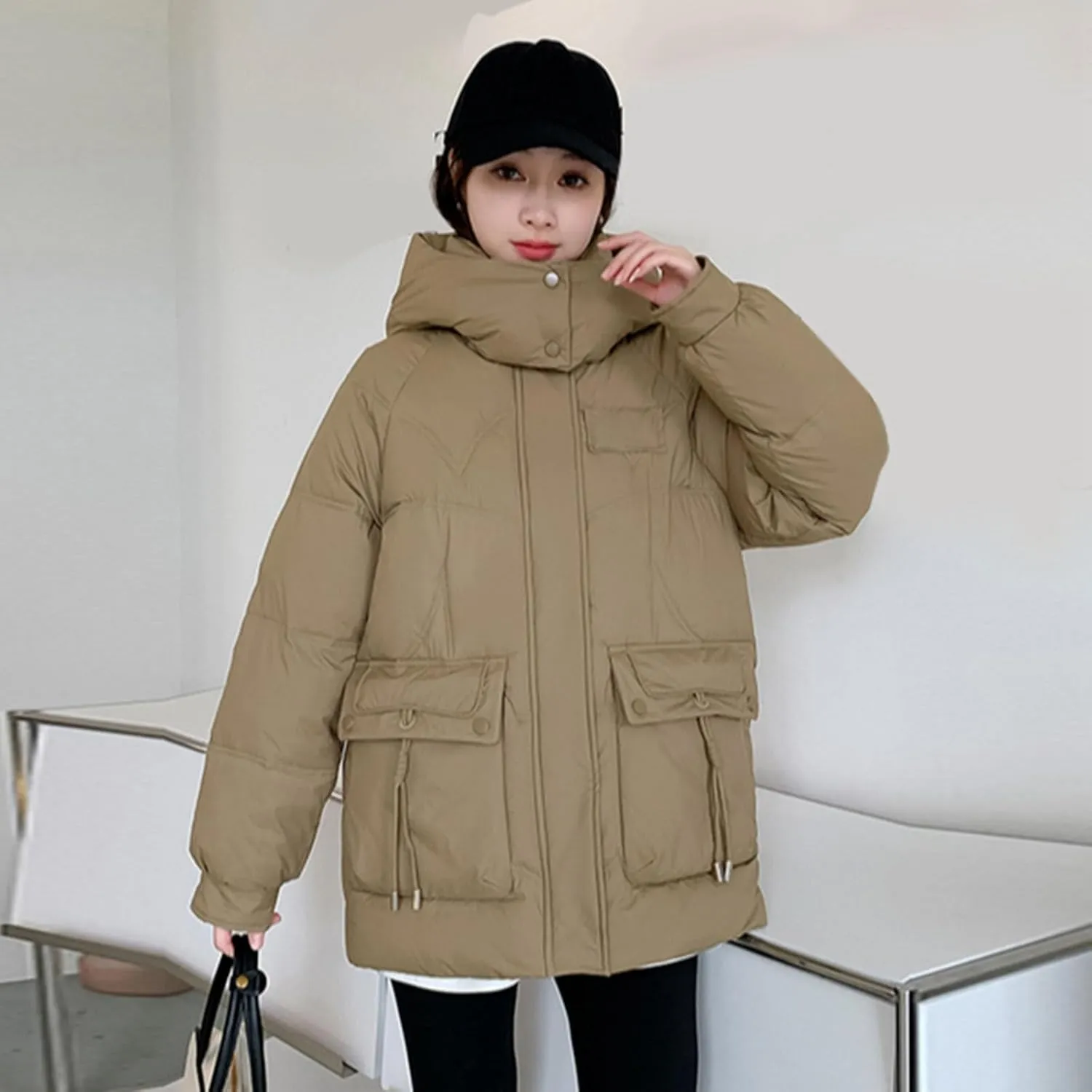 Womens Zipper Hooded Puffer Jacket Long Sleeve Winter Warm Down Coats Warm Clothes Outerwear with Pockets