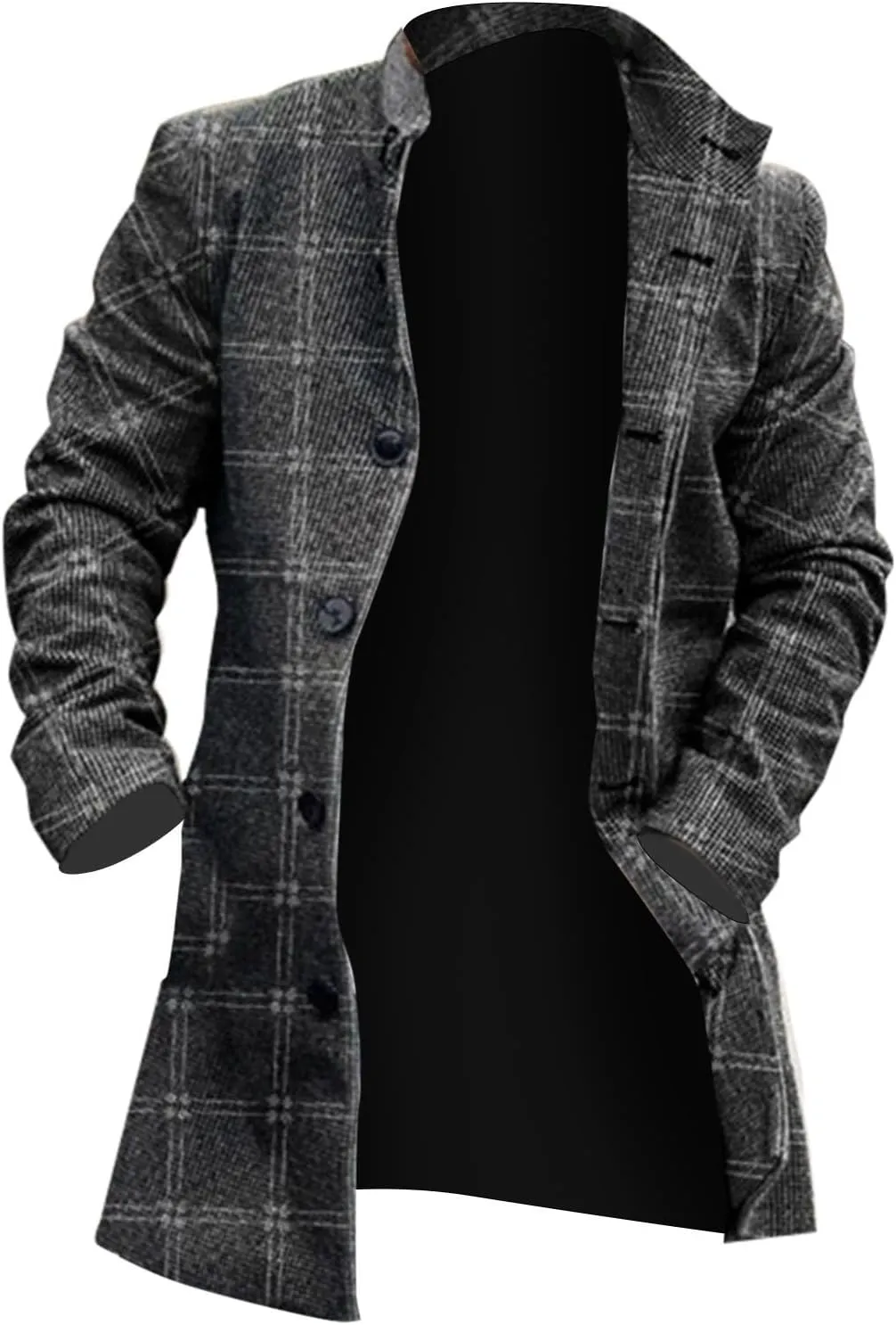Wool Blend Trench Coat Men Notched Collar Plaid Single Breasted Pea Coats Slim Fit Warm Winter Jackets Big and Tall