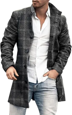 Wool Blend Trench Coat Men Notched Collar Plaid Single Breasted Pea Coats Slim Fit Warm Winter Jackets Big and Tall